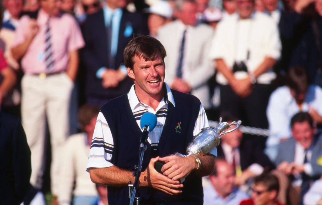 Nick Faldo delivers a speech after winning The Open in 1990